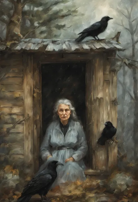 (Best Quality),Portrait, An old woman, Slavic, (witch with gray hair), shawl on shoulders, I&#39;I&#39;I&#39;m standing at the open door of the house, black crows sit on the roof and around the hut, compact, creepy ambiance, soft-lighting, spruce forest ar...