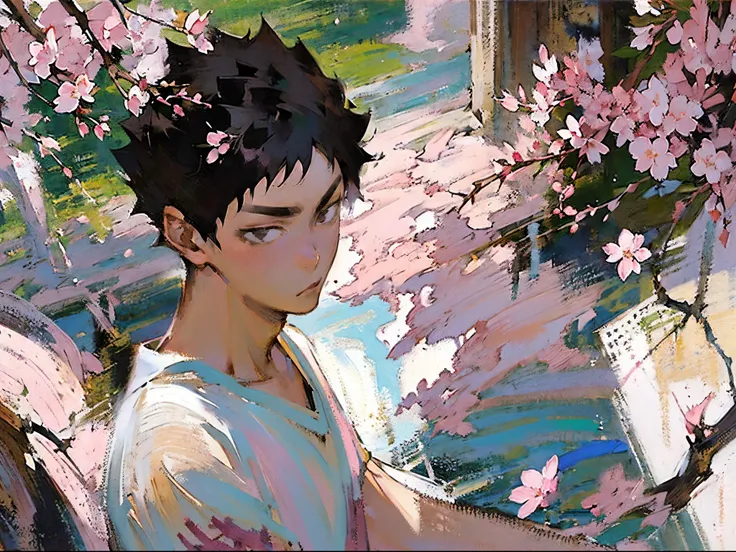 (((solo focus))),(((1 boy))),male focus,(((iwaizumi))),Fechin, oil painting, IMPRESSIONISM,black hair,((black eyes)),((short hair))plants,(((pink cherry blossom flowers))),rustic scenery,cottages,sakura,(((plain white tshirt))),khaki shorts,vibrant colors,...