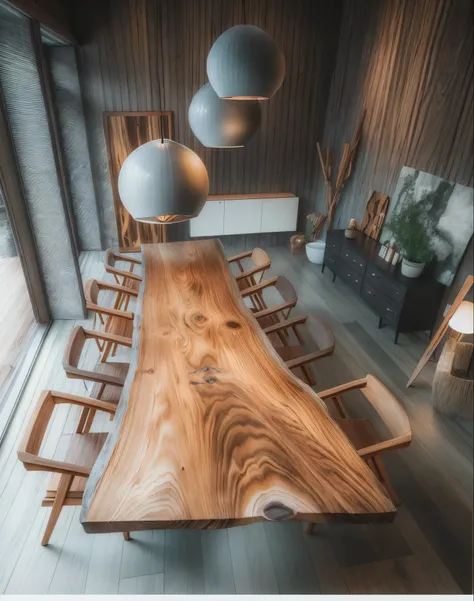 there is a large wooden table with chairs and a lamp, wooden table, wooden tables, detailed wooden table, wood table, wooden furtniture, wood accents, wood furnishings, moody vibe, wooden furniture, natural wood top, over vivid dark wood table, dining tabl...