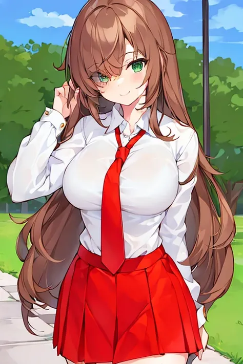 1girl, one-eye covered, hair over one eye, smile, green eyes, brown hair, skirt, necktie, red necktie, white shirt, red skirt, large breasts thick thicks, wide hips, park, light smile, looking at viewer, school uniform