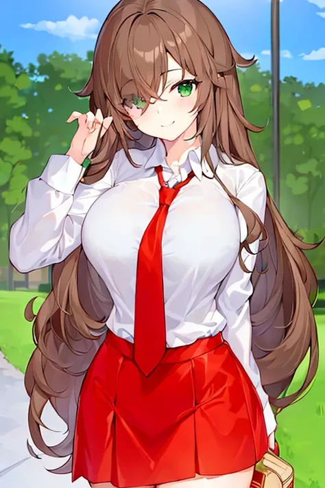 1girl, one-eye covered, hair over one eye, smile, green eyes, brown hair, skirt, necktie, red necktie, white shirt, red skirt, large breasts thick thicks, wide hips, park, light smile, looking at viewer, school uniform