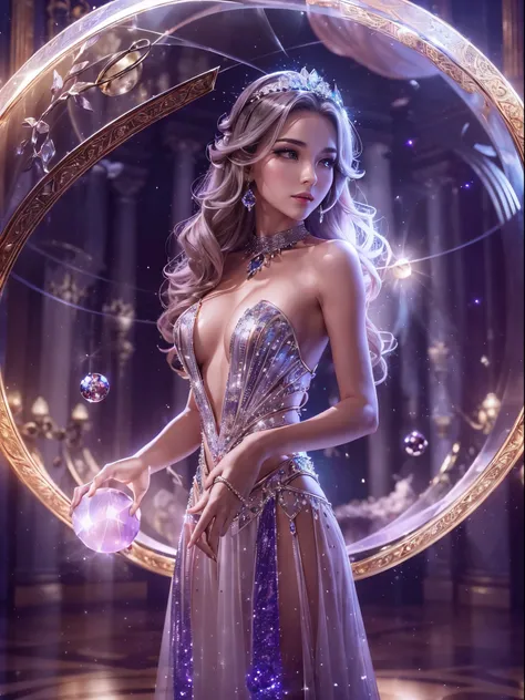 ((A beautiful magician holds her hand over the spherical crystal in front of her..))8K、An ultra-high picture quality、Ultra-realistic details、3d rendered、Beautiful fair-skinned and feminine style、Sexy costume with wide open chest、Silver decoration、Dazzling ...