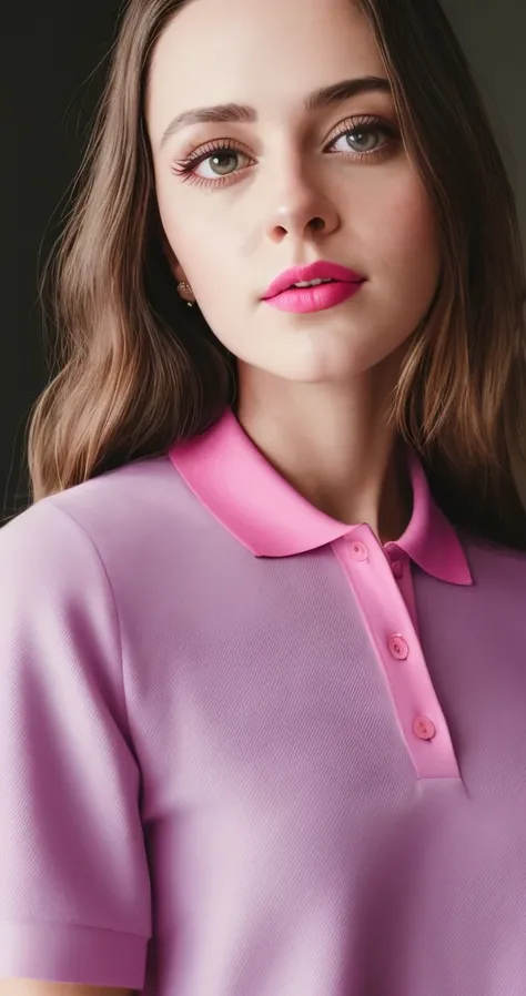 tiktok photo of 37 years old woman, closeup, RAW, masterpiece, realistic, hyper realistic, muted color, film grain, 
looking at viewer, polos pastel perfection looking 80s casual soft collars, fascinating, 
wearing Magenta dress flower,