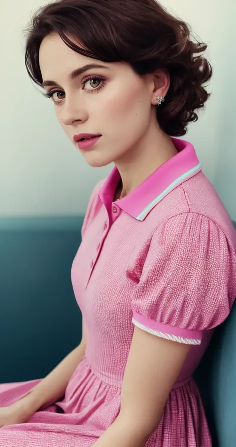 tiktok photo of 37 years old woman, closeup, RAW, masterpiece, realistic, hyper realistic, muted color, film grain, 
looking at viewer, polos pastel perfection looking 80s casual soft collars, fascinating, 
wearing Magenta dress flower,