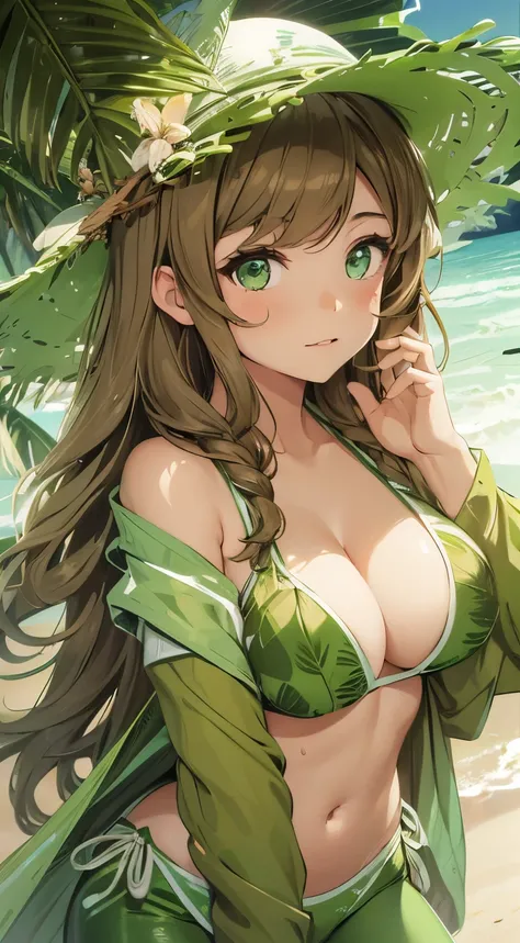 A Teenage girl, wavy light brown hair, lively and expressive eyes, wears loose green and white shorts, legging shorts, wearing a swimsuit or bikini with coconut and coconut elements. her body with some long green scarves covering it. it has coconut tree pr...