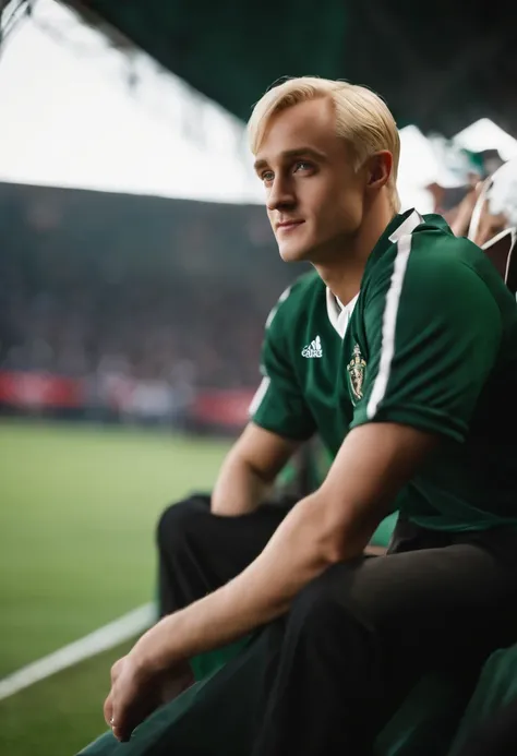 A photo of Draco Malfoy sitting in a luxurious private box at a Quidditch match, smirking as he watches the game.,Harry Potter series,Draco is tall with neat platinum blonde hair, icy blue eyes, wears Slytherin Hogwarts robes, famously portrayed by Tom Fel...