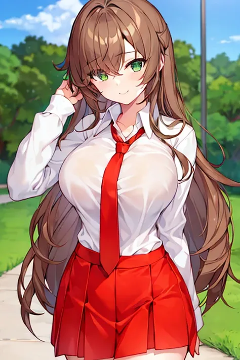 1girl, one-eye covered, hair over one-eye, hair over one eye, smile, green eyes, brown hair, skirt, necktie, red necktie, white shirt, red skirt, large breasts, thick thicks, wide hips, park, light smile, looking at viewer, school uniform