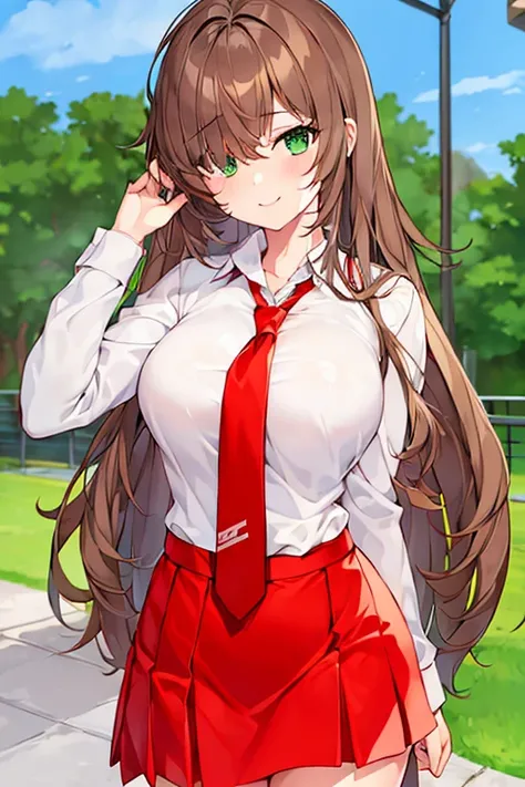 1girl, one-eye covered, hair over one-eye, hair over one eye, smile, green eyes, brown hair, skirt, necktie, red necktie, white shirt, red skirt, large breasts, thick thicks, wide hips, park, light smile, looking at viewer, school uniform