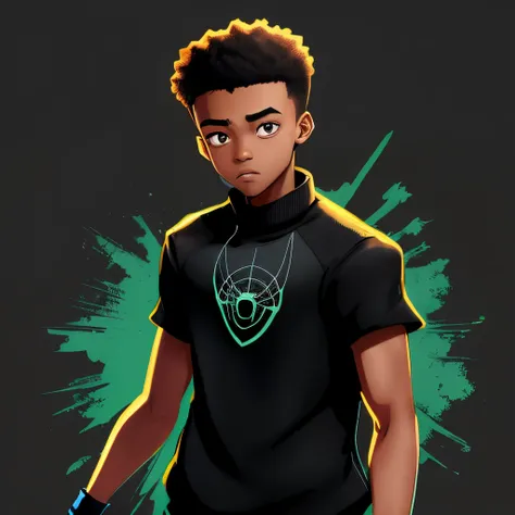 Amine black teenage boy with hair model like miles morales 2077 art style