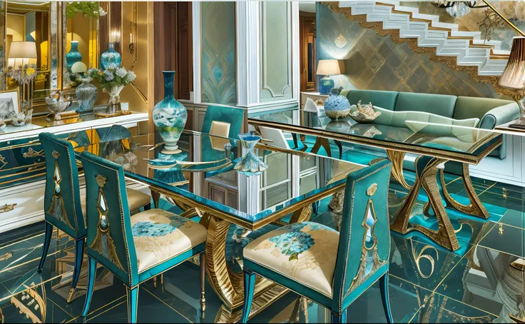 there is a glass table with chairs and a glass top, dining table, triumphant, mirror and glass surfaces, detailed surroundings, dining room, exceptional, artistic interpretation, concept eclectic, visually striking, marble and wood and glass, tables, luxur...