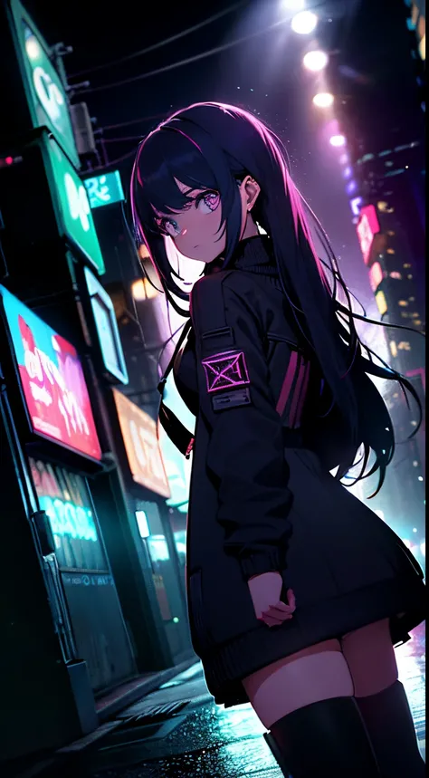 night time, Colorful cyberpunk city background, Sateen, Street, Teenage girl in a comfortable sweater, loli, black stockings, back light, looking at the audience, Low-angle lens, Upward-looking lens, Perfect composition, Perfect light and shadow are gentle...