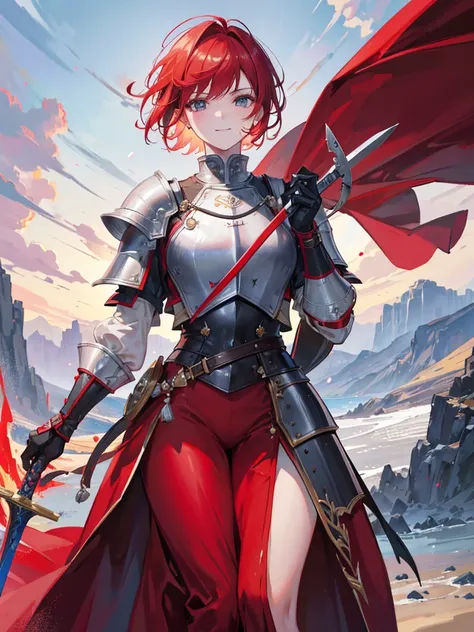 Highres,detailed,gallant knight with short red hair and bashful smile,wearing knight clothes and holding a sword in his right hand,standing against the backdrop of a majestic kingdom,with vivid colors and realistic lighting