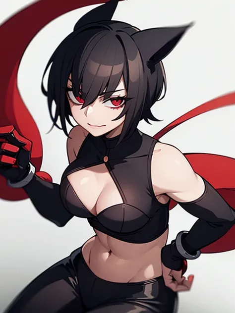 a mature flat chested woman with short black hair in a sharp bob, sharp red eyes and black cat ears and a tail in a hero costume