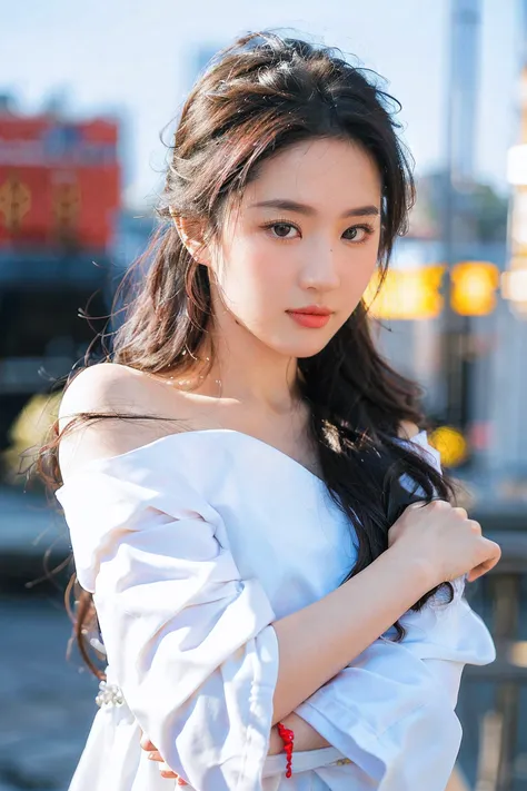 hyper quality,high detail,high resolution,FHD,1080P,2K4K18K,1girl,solo,(From the front),chinese clothes,off shoulder,Shiny and fair skin,outdoor,simple background,LYF@SEAN