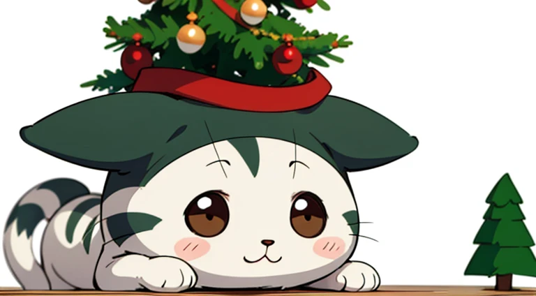 A ((tiny and cute cat)) wearing a christmas hat, sitting next to a christmas tree. simple white background, kawaii