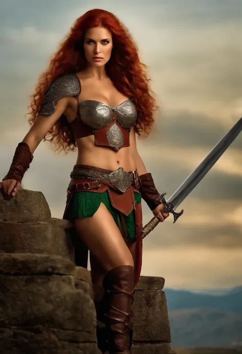 A photo of Red Sonja standing on the battlements of an ancient castle, gazing out at the surrounding kingdom with her sword at her side.,original,Long red hairy green eyes, beautifull face. Slim body. Large curves barely covered by a bikini madexof chainma...