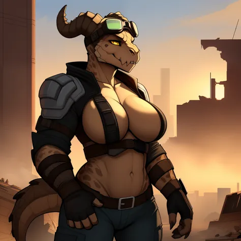 Tall__muscular_mature_deathclaw slight_belly full_breasts female dark_beige_scaled_body spotted_scales yellow_eyes solo Masterpiece best_quality absurdres highly_detailed cleanly_drawn_eyes anthro_only by_claweddrip, by_greasymojo, by_underscore-b, by_runa...