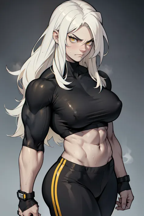 girl (1girl muscular grey background pale skin bodybuilder) toned body huge breasts thin waist black hair yellow eyes straight hair sweaty hair between eyes frowning