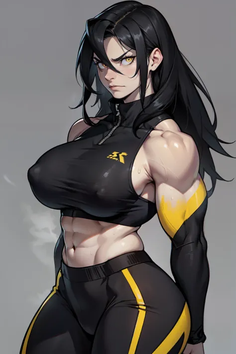 girl (1girl muscular grey background pale skin bodybuilder) toned body huge breasts thin waist black hair yellow eyes straight hair sweaty hair between eyes frowning