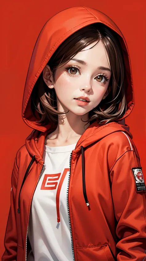 1girl, solo, hood, brown hair, brown eyes, parted lips, hood up, long sleeves, jacket, simple background, upper body, realistic, red background, looking at viewer, teeth, red jacket, lips, cosplay, hoodie, masterpiece, best quality,