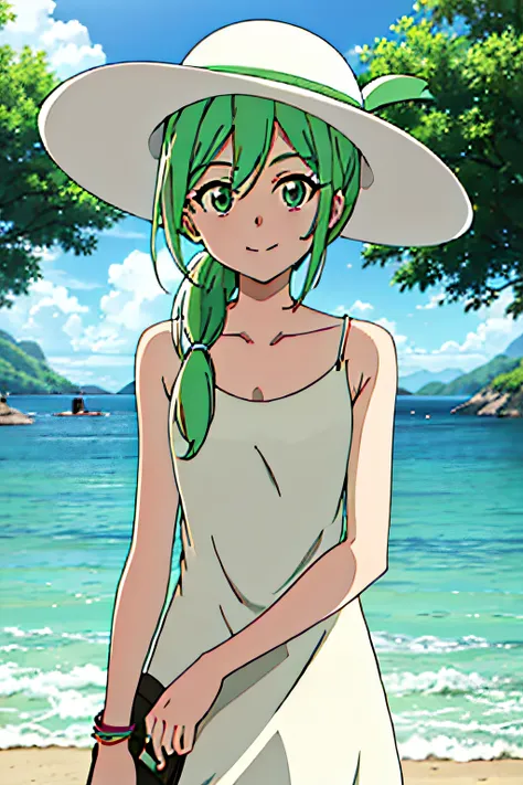 LONG HAIR, SUN HAT, GREEN HAIR, BRACELET, WHITE HEADWEAR, SANDALS, HANDBAG, WHITE DRESS, 1girl, solo, upper body, facing viewer, looking at viewer, smile,