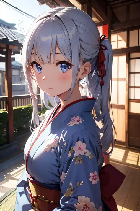 a beauty girl、silber hair、blue eyess、kimono、traditional Japanese room、Longhaire、Red ribbons