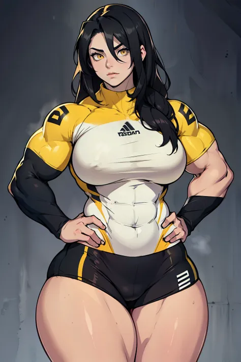 girl pale skin ((1 girl muscular toned body bodybuilder curvy wide hips thick thighs)) black hair yellow eyes hiar between eyes breasts straight hair tight clothes