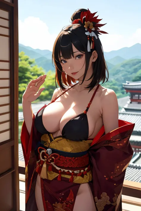 ((in the mountains of japan:1))、((on a tree))、sexy female crow tengu、Japanese traditional UMA tengu, sexy japanese monk costume, Sexy brown skin, Nice sexy body、tanned healthy sexy skin、One lady、Red hair ornament、((Black Japanese style sexy costume:1))、wit...