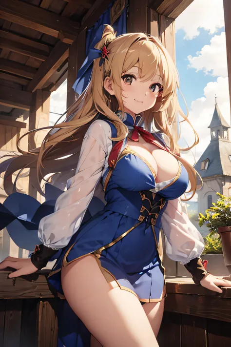 ​masterpiece、high-level image quality、photographrealistic、Longhaire、Big Breast、Large breasts、I can see the cleavage、Brown eyes、shiny blonde hair、Blue Wizard Outfit、sexy smiling、Painting from the front、The wind is blowing、Inside a Western castle、Red ribbons