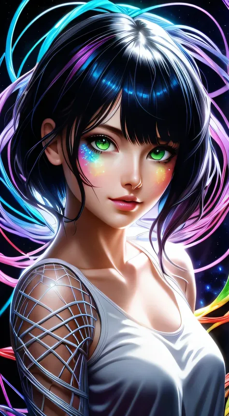 (masterpiece, photorealistic, ultra realistic, best quality, ultra high res), extremely detailed, a woman with colorful hair and a white top is posing, green eyes, dreamy girl, 4k, artgerm colorful, glow wave portrait, anime styled digital art, anime girl ...