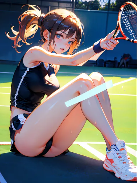 Best Quality, masutepiece,  High resolution, (Anime Heroine Illustration), Anime Paint, 1beautiful girl ,Dynamic Angle,Female tennis player,small head,Large breasts,nice legs, Glowing skin, Sweat,At the tennis venue ,Cool,