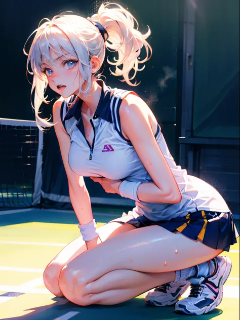 Best Quality, masutepiece,  High resolution, (Anime Heroine Illustration), Anime Paint, 1beautiful girl ,Dynamic Angle,Female tennis player,small head,Large breasts,nice legs, Glowing skin, Sweat,At the tennis venue ,Cool,