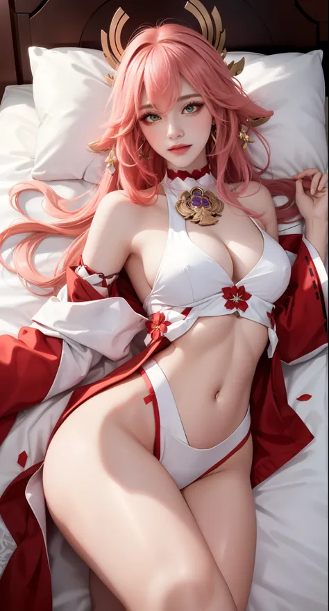 on bed, lying on bed sexy, (Masterpiece, Excellent, 1girl, solo, complex details, color difference), realism, ((medium breath)), off-the-shoulders, big breasts, sexy, Yae Miko, long pink hair, red headdress, red highlight, hair above one eye, green eyes, e...