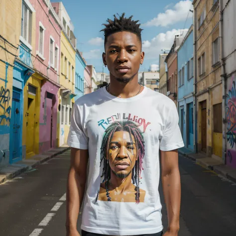 (best quality,4k,highres:1.2),ultra-detailed,realistic,vivid colors,surrealism,portrait,happy rebellion,standing tall,rude boy,jamaican,white plain t-shirt,vibrant,futuristic,colored graffiti backdrop,stunning,backdrop,contrast,Surrealism,vanishing point