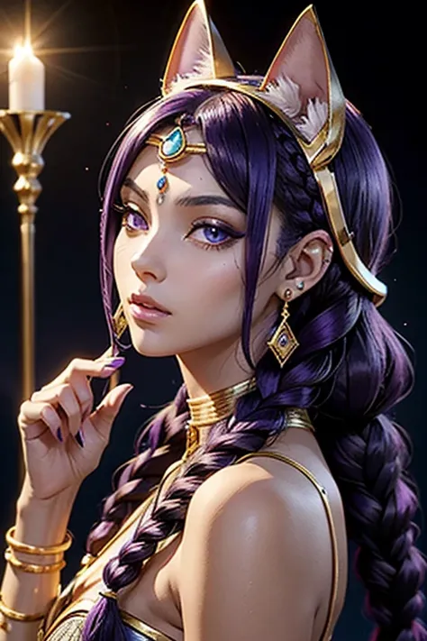 Déesse Egyptienne, Bastet, Toge Blanche, Jewel Dorée, oreilles de chat, Dark and Purple hair, braided hair, belle poitrine,clivage, Avatar de seconde vie, Nice screenshot, Femme seduisante vue complète du corps, High quality, very detailed skin,