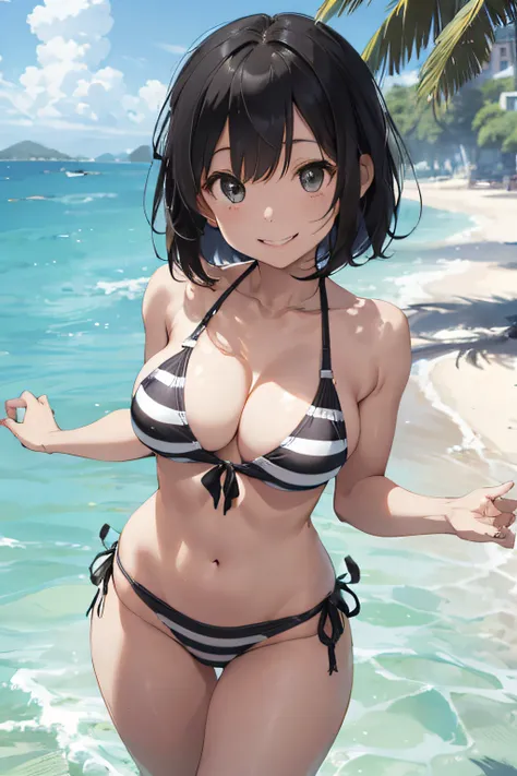 Erotic look、Bob Hair、Clean thighs、very large breast、Small area triangle bikini、White and black striped swimsuit、A big smile、Full body posture、