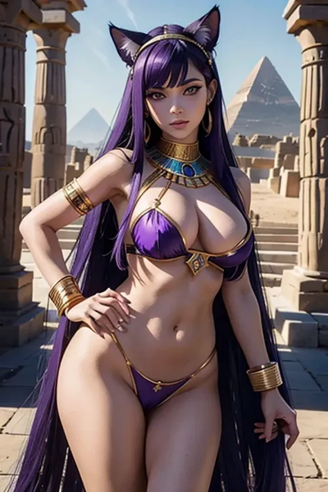 Déesse Egyptienne, Bastet, Toge Blanche, Jewel Dorée, oreilles de chat, Dark and Purple hair, Curved long hair, , belle poitrine,clivage, Charismatic character, In front of a pyramid, Avatar de seconde vie, Nice screenshot, Femme seduisante vue complète du...