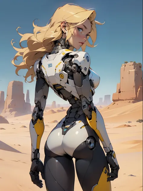 high quality, 4k, masterpiece, beautiful, cyborg girl, cowboy shot, dull eyes, back side, turning around to look at viewer, long blonde hair, girl, small breasts, fit thigh, robotic arms, robotic body, cyborg body, yellow accent, redaccent, intricate detai...