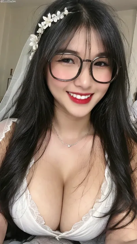 (realistic, high resolution:1.3), 1 girl with perfect figure, smile, glasses, super fine face and eyes, long hair, white lace veil: 1.2 , in bedroom, sit on the bed, big breasts, exposed cleavage