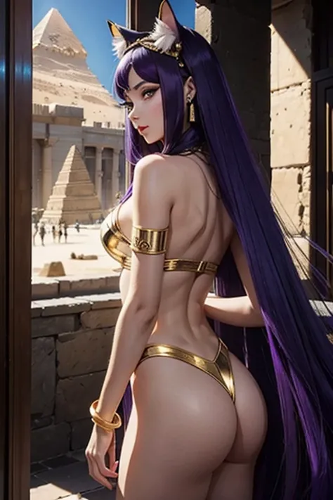 Déesse Egyptienne, Bastet, Toge Blanche, Jewel Dorée, oreilles de chat, Dark and Purple hair, Curved long hair, , belle poitrine,clivage, Charismatic character, In front of a pyramid, Avatar de seconde vie, Nice screenshot, Femme seduisante vue complète du...