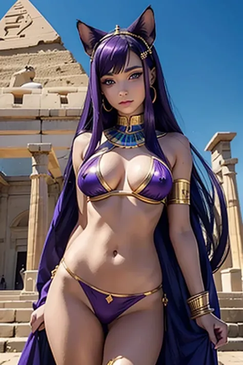 Déesse Egyptienne, Bastet, Toge Blanche, Jewel Dorée, oreilles de chat, Dark and Purple hair, Curved long hair, , belle poitrine,clivage, Charismatic character, In front of a pyramid, Avatar de seconde vie, Nice screenshot, Femme seduisante vue complète du...