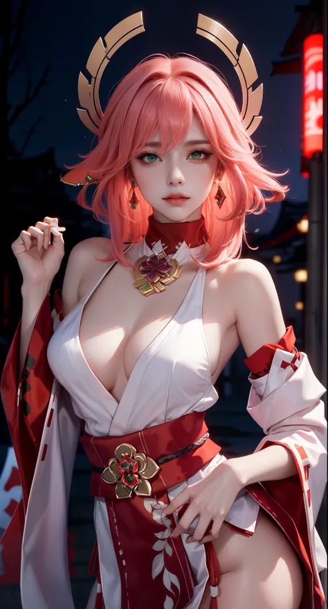 (Masterpiece, Excellent, 1girl, solo, complex details, color difference), realism, ((medium breath)), off-the-shoulders, big breasts, sexy, Yae Miko, long pink hair, red headdress, red highlight, hair above one eye, green eyes, earrings, sharp eyes, perfec...