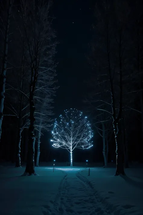 Luces de Invierno. Una imagen nocturna de un bosque cubierto de nieve, iluminado por luces de colores brillantes que cuelgan de los arboles