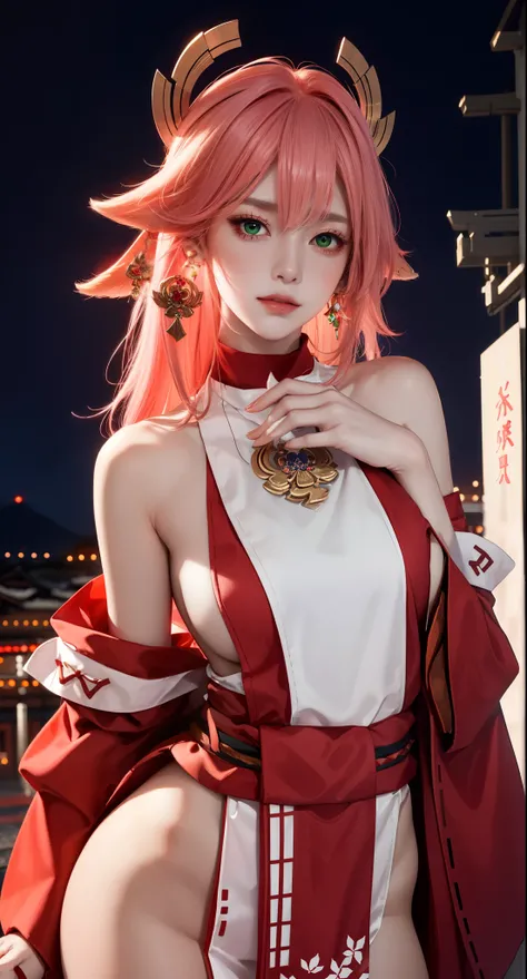 (Masterpiece, Excellent, 1girl, solo, complex details, color difference), realism, ((medium breath)), off-the-shoulders, big breasts, sexy, Yae Miko, long pink hair, red headdress, red highlight, hair above one eye, green eyes, earrings, sharp eyes, perfec...