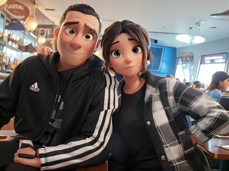 Disney Pixar 3d - a couple sitting at a restaurant A couple sitting at a restaurant the guy is using a black Adidas jacket with three white lines on the sleeve of his jacket and a small white adidas sign at the front of his jacket the lady has her head on ...