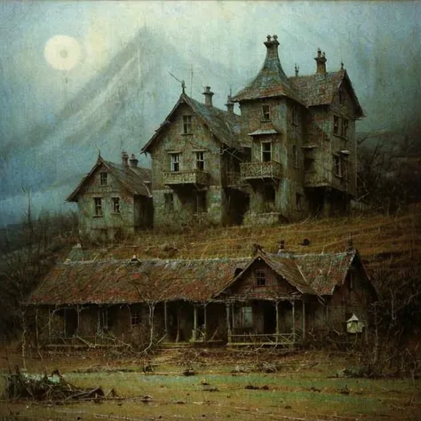 Cottage dark house on the hill in style Beksinski