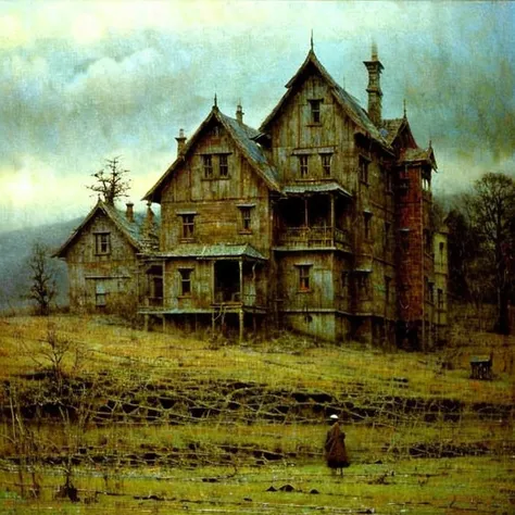 Cottage dark house on the hill in style Beksinski