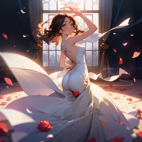 tmasterpiece，Need，1girl，exquisite facial features，s the perfect face，Normal fingers，in a long white dress，dance，full bodyesbian，The ground is covered with rose petals，Rose petals float in the air，depth of fields，The light from the back window is backlighte...