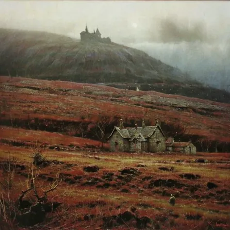 Cottage dark house on the hill in style Beksinski creepy sky red aura corpses roaming in the distance scotland