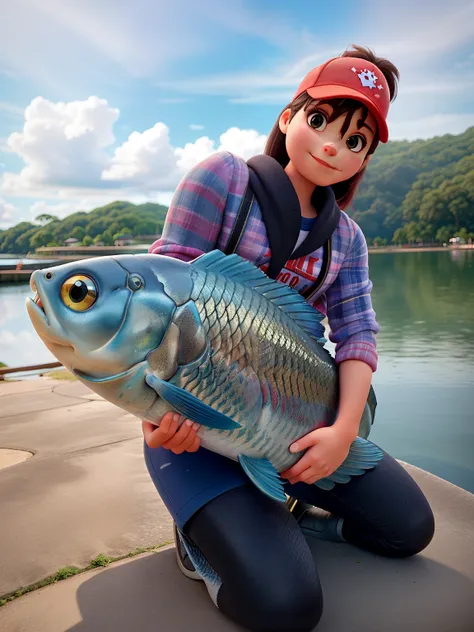 A girl crouches on her knees with a huge fish in her arms, em uma plataforma de concreto  na beira de um lago